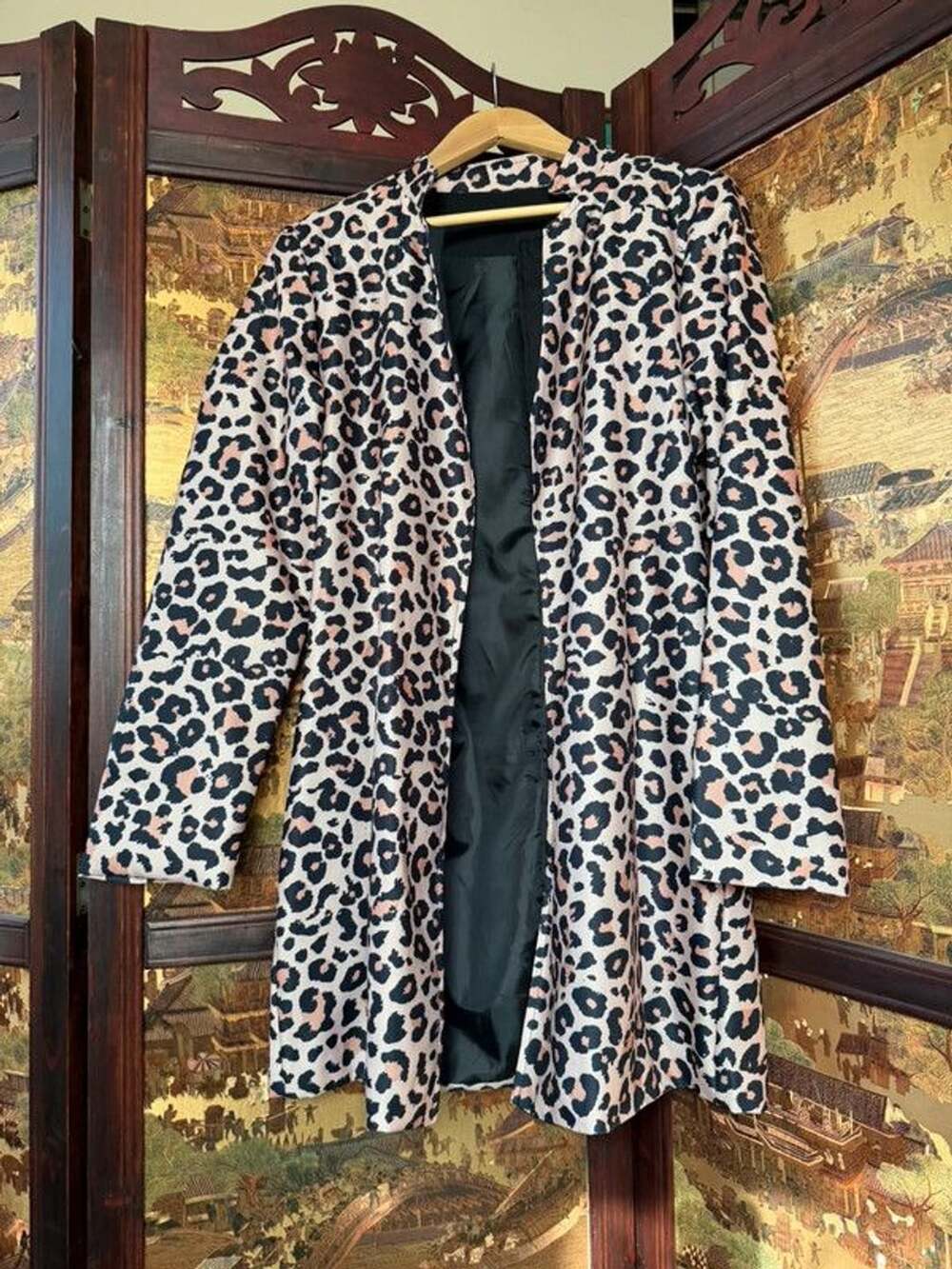 Chic Leopard Print Open-Front Duster Coat |